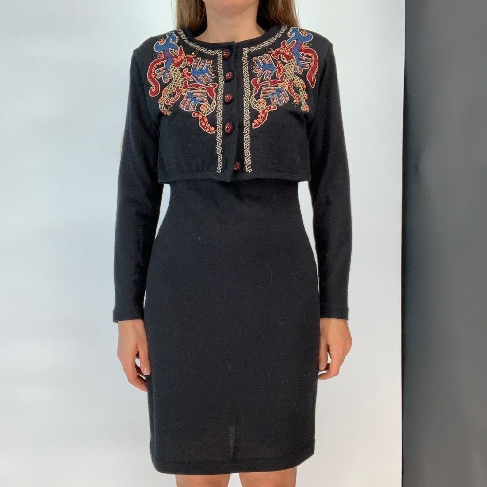 Vintage CAROLE LITTLE Black wool blend sweaterdress dress sz S